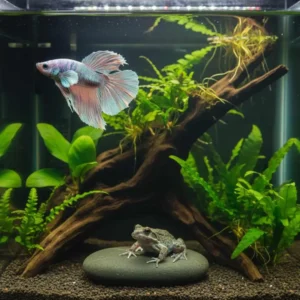 Betta fish tank mates - betta with African dwarf frog in planted aquarium