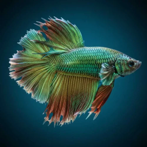Close-up side view of a Betta fish showing symptoms of fin rot, with frayed and discolored fins against a clean light background, illustrating the disease for educational and aquarium health reference.