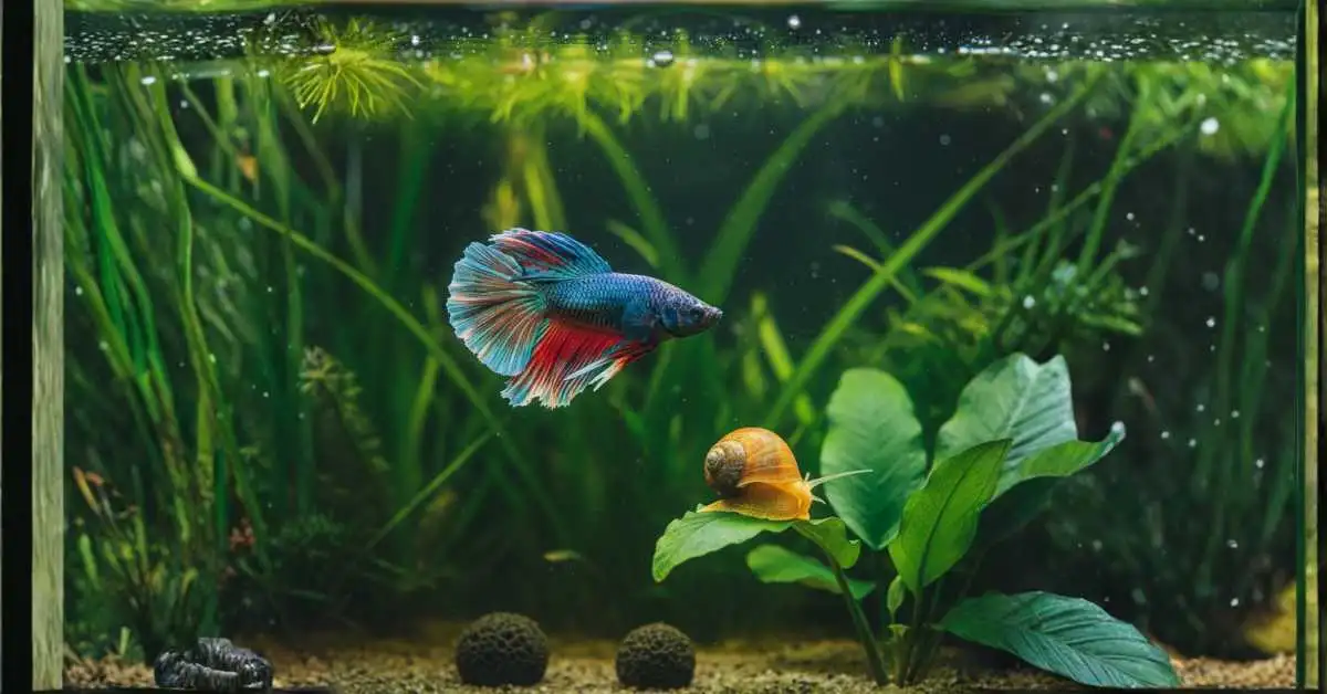 Betta fish and mystery snail living together peacefully in 10 gallon planted tank