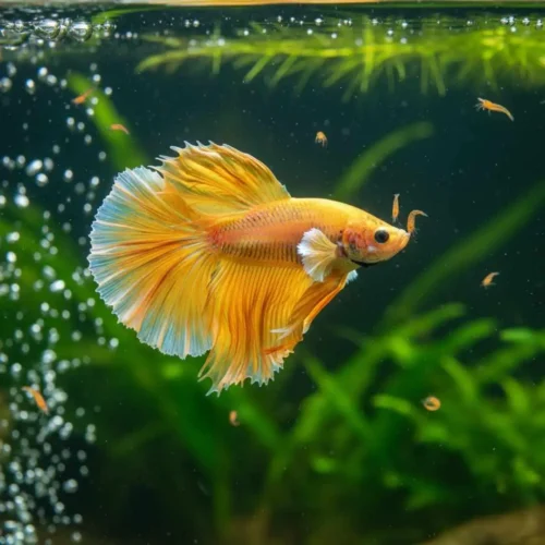 Betta fish hunting live brine shrimp