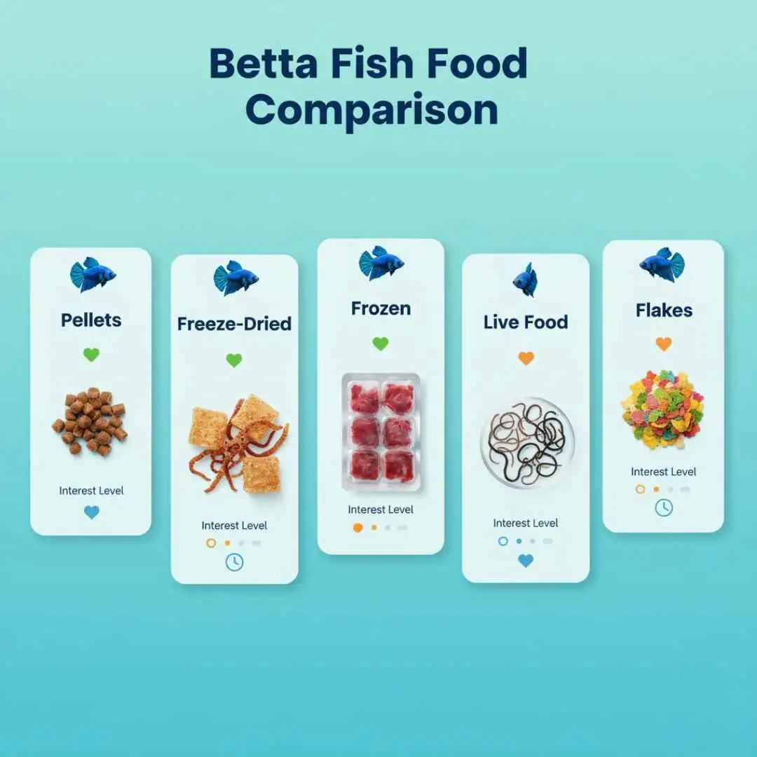 Different types of betta fish food including pellets, freeze-dried bloodworms, and frozen food
