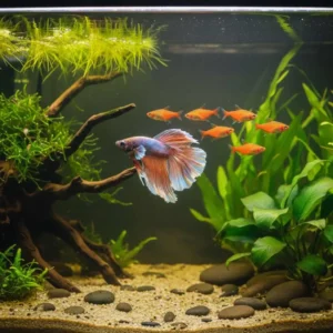 Betta community tank - halfmoon betta with ember tetra schooling fish