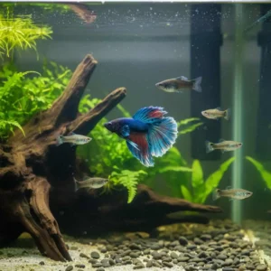 Betta fish with feeder guppies - compatible tank mates in planted aquarium