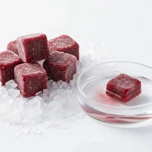 Frozen bloodworm cubes on ice