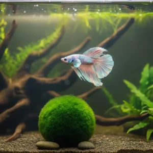 Betta fish plants - betta swimming above marimo moss ball