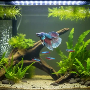 Betta community aquarium - betta with neon tetras in planted tank