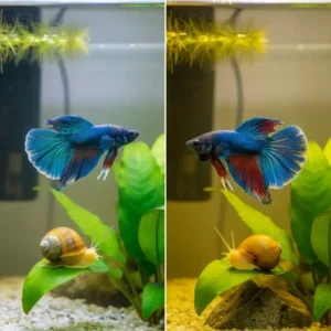 Comparison showing peaceful betta ignoring snail versus aggressive betta flaring at mystery snail
